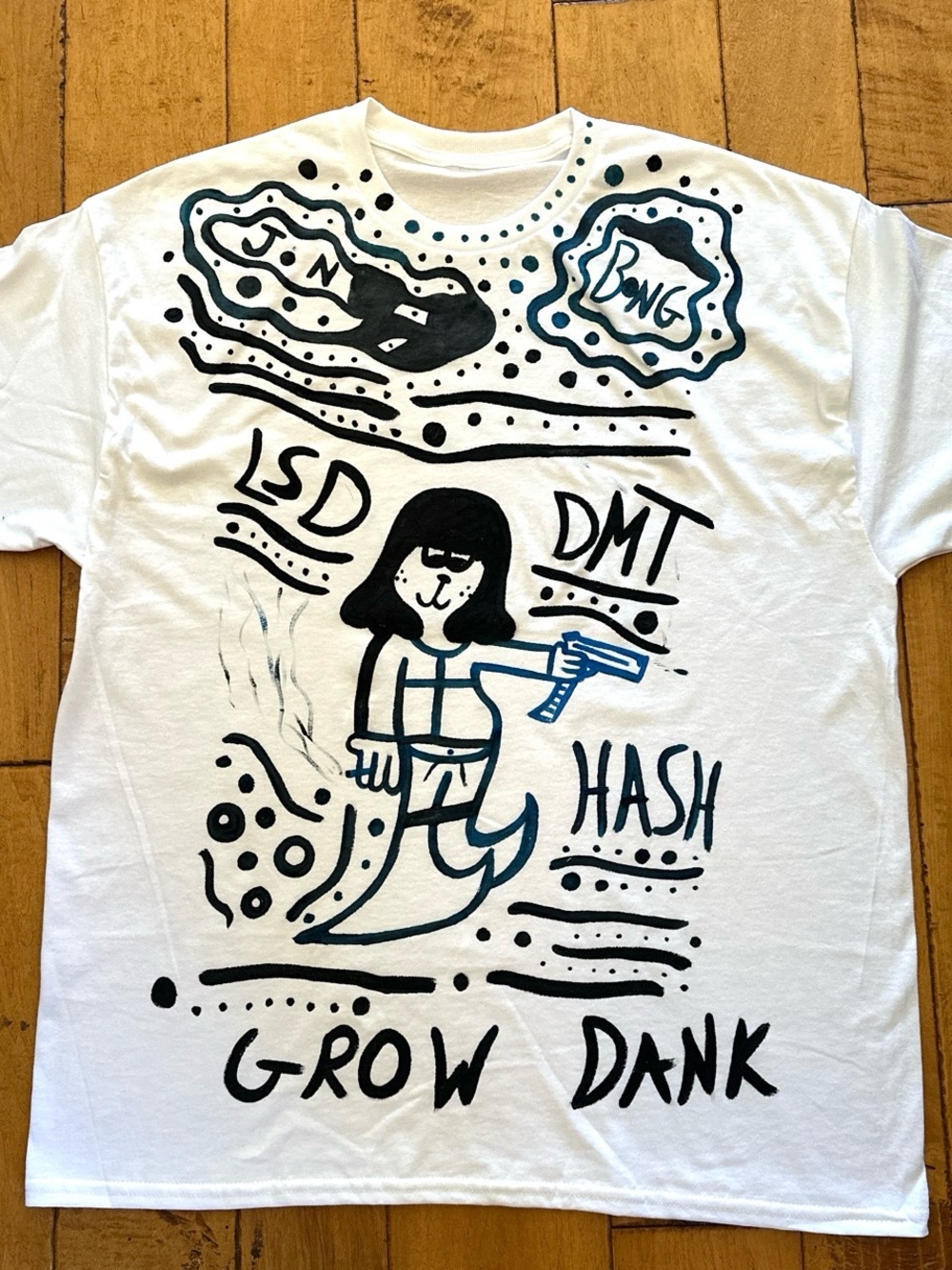 Hand-Drawn Graphic Tee with Black & Teal Artwork